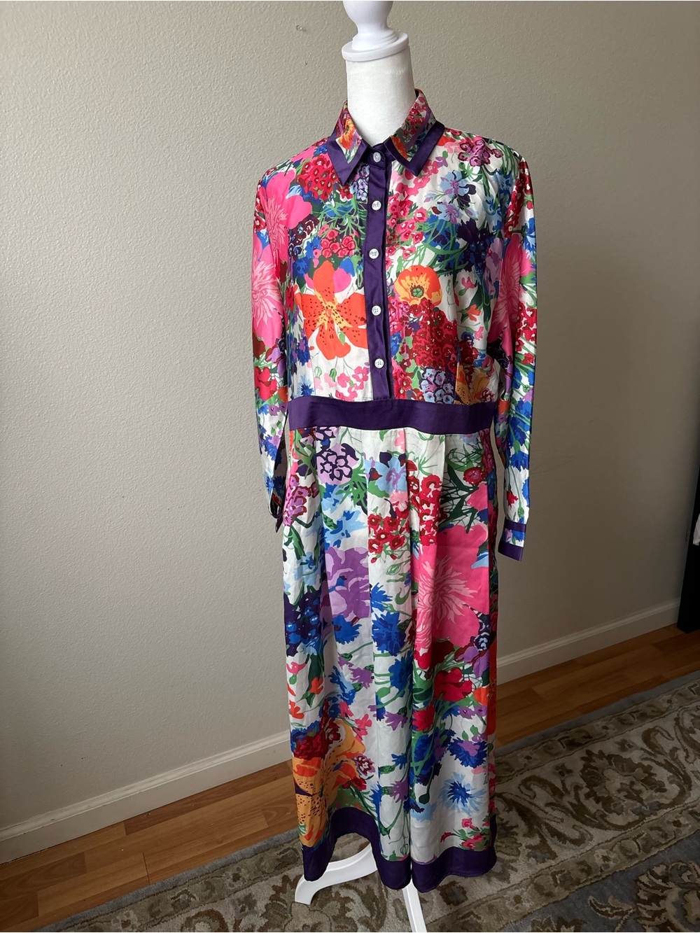 Dalia MacPhee Multicolor Floral Long-Sleeve Maxi Dress with Purple Trim NWOT